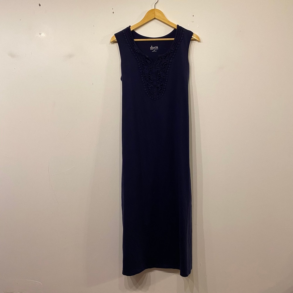 Denim & Co Navy Blue Crochet Lace V-Neck Sleeveless Tie Back Maxi Dress Petite L